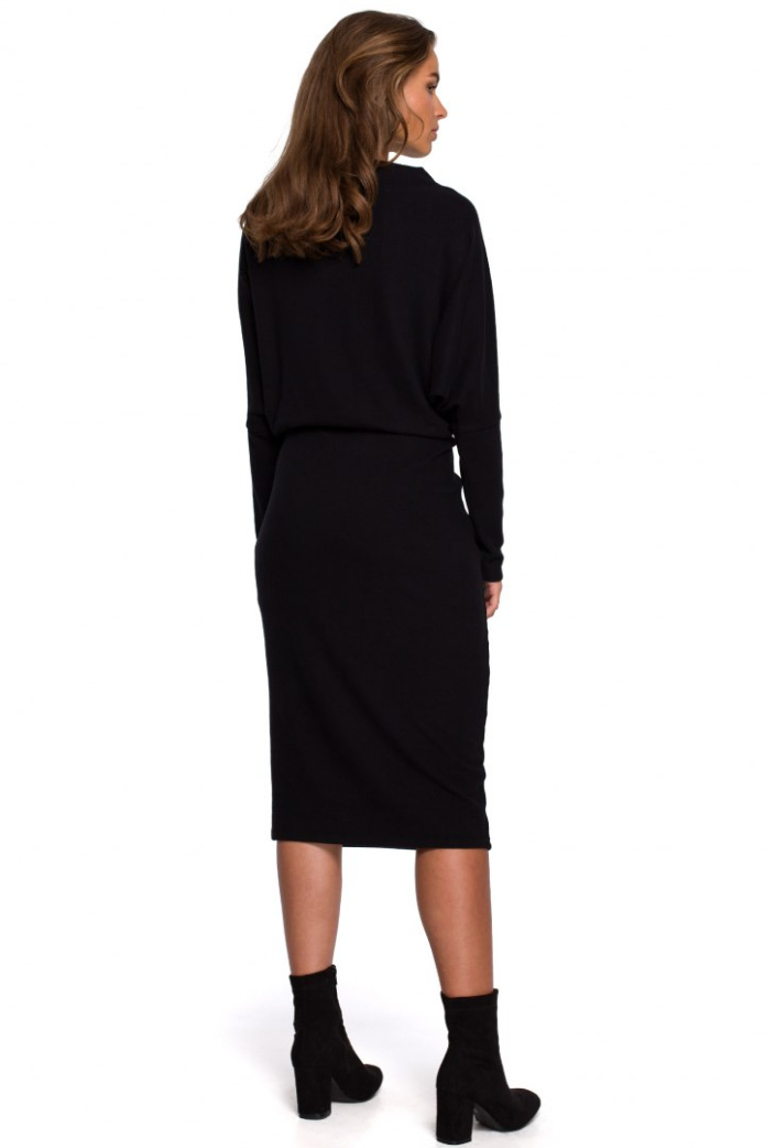 Sukienka Midi - Z Drapowaniem Długi Rękaw Wiskoza - czarna
